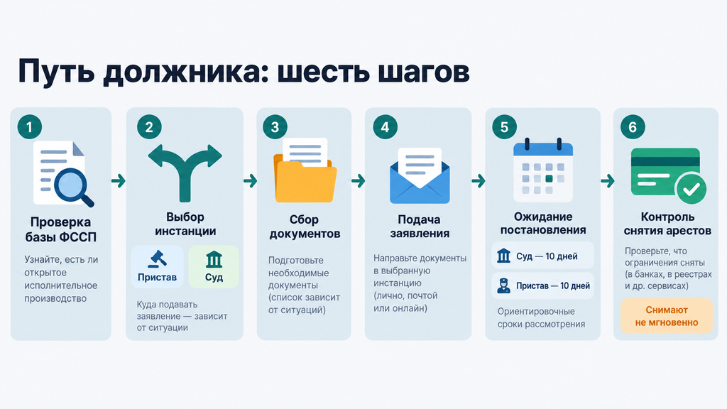 Горизонтальный таймлайн из шести этапов: путь должника от проверки базы ФССП и сбора документов до подачи заявления, ожидания постановления и контроля снятия арестов с указанными сроками и предупреждением о не мгновенном снятии ограничений