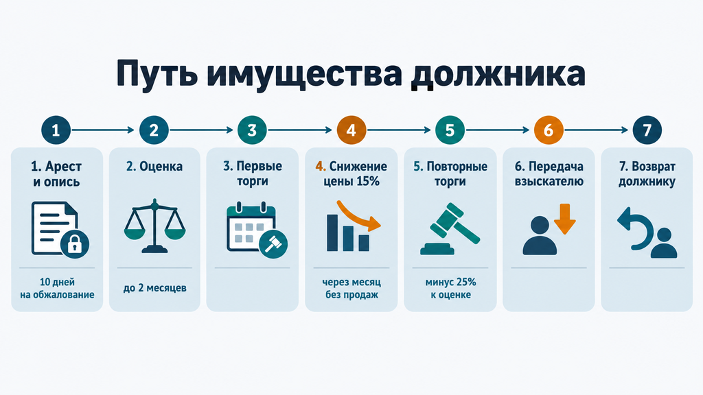 Горизонтальный таймлайн этапов реализации имущества должника: арест, оценка, торги, снижение цены, повторные торги, передача взыскателю или возврат должнику со сроками.