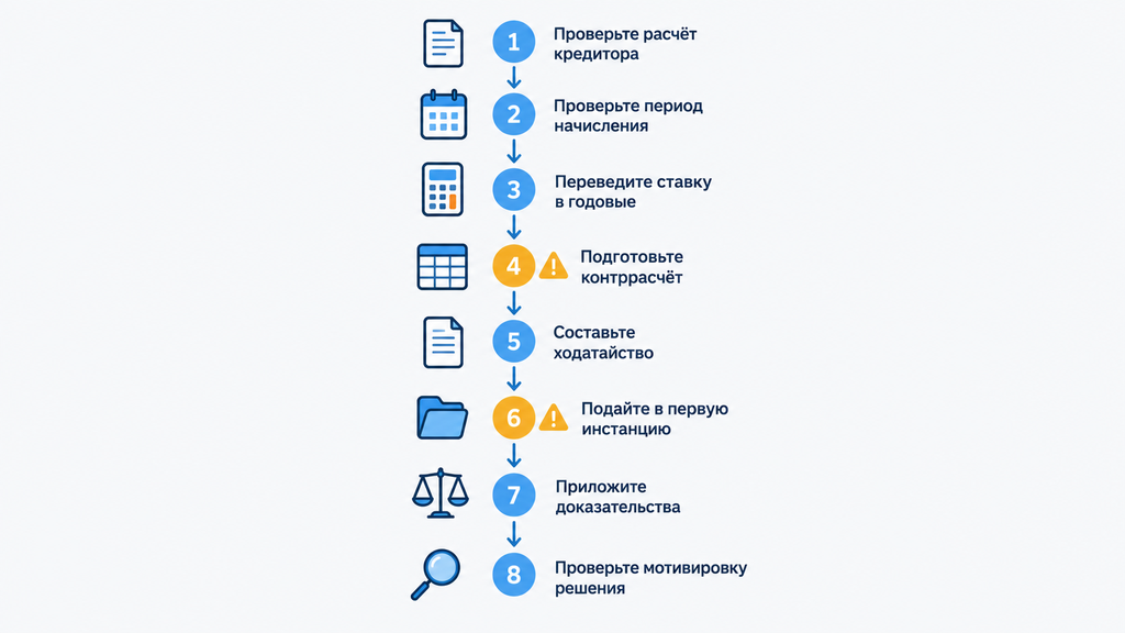 Пошаговый маршрут должника при снижении неустойки: от проверки расчёта кредитора до анализа судебного решения. Визуализация зон риска и ключевых этапов процесса.