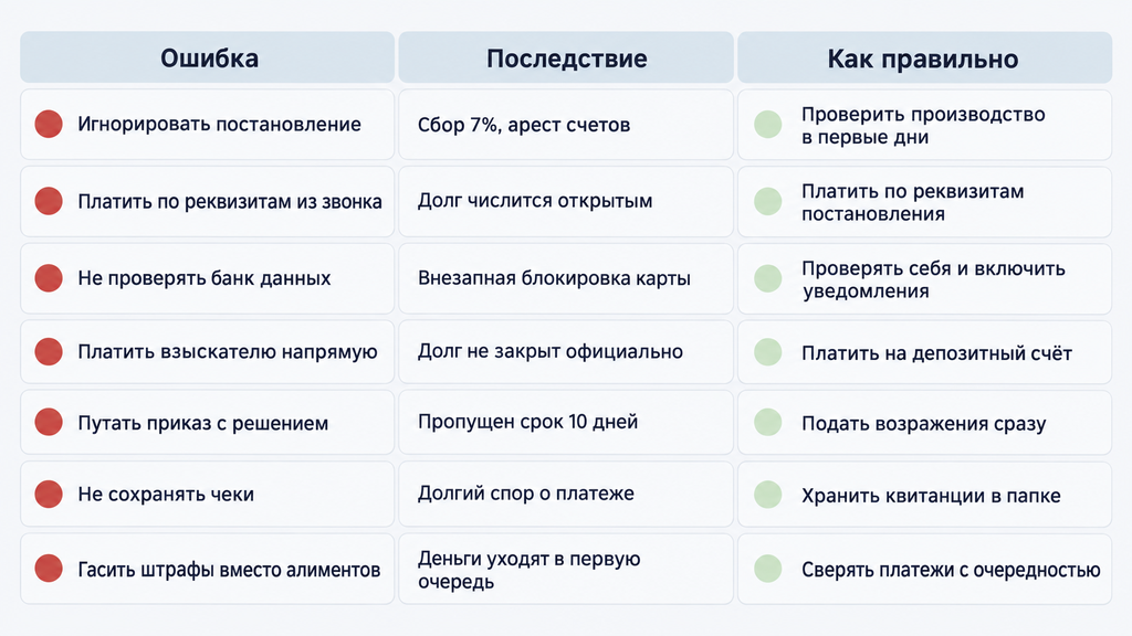 Чек-лист частых ошибок должника в исполнительном производстве с последствиями и правильными действиями
