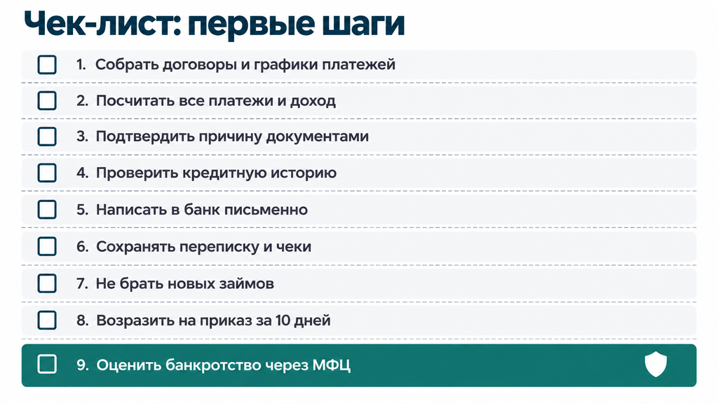 Чек-лист первых действий должника: девять шагов от сбора документов до оценки банкротства при невозможности выплачивать кредиты