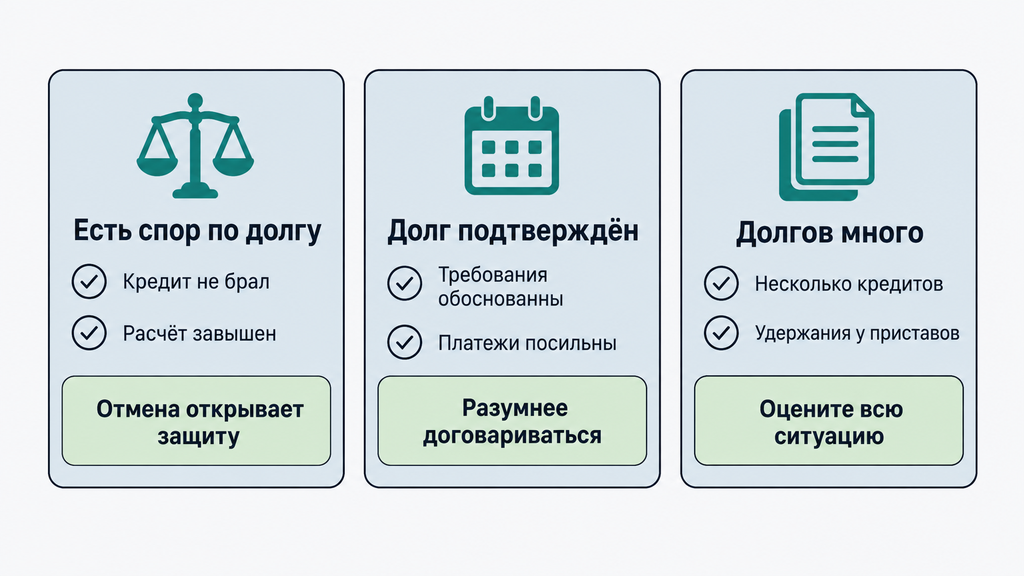 Сравнение трёх сценариев должника: спор по долгу, подтверждённое взыскание и множественные задолженности с рекомендациями по выбору стратегии