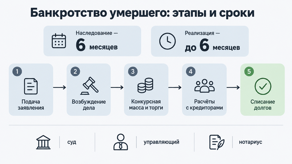 Таймлайн процедуры банкротства умершего: основные этапы, сроки и участие суда, нотариуса и финансового управляющего в процессе списания долгов.
