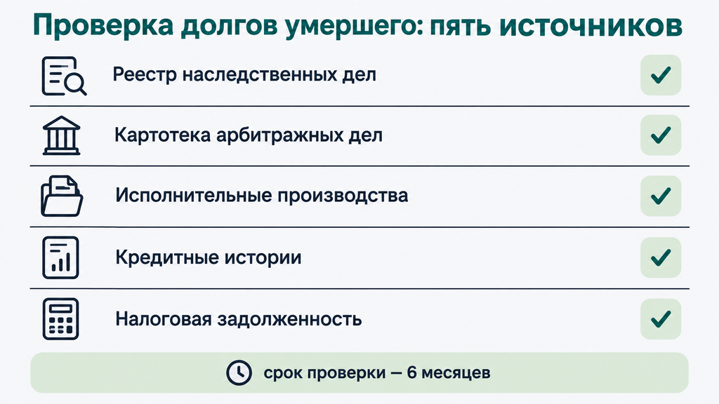 Чек-лист проверки долгов умершего: пять источников с пиктограммами и статусами