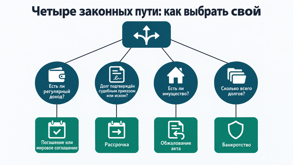 Дерево решений для выбора стратегии работы с судебными приставами: четыре законных пути, вопросы-узлы и логика выбора