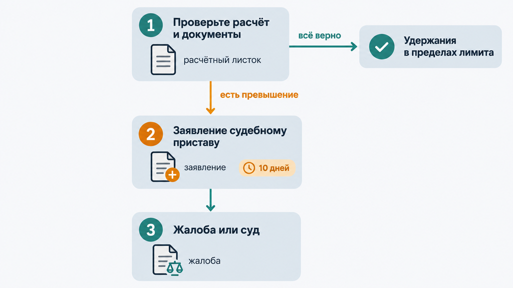 Алгоритм действий плательщика при удержаниях свыше лимита в виде вертикальной схемы из трёх шагов с проверкой расчёта, обращением к приставу и жалобой