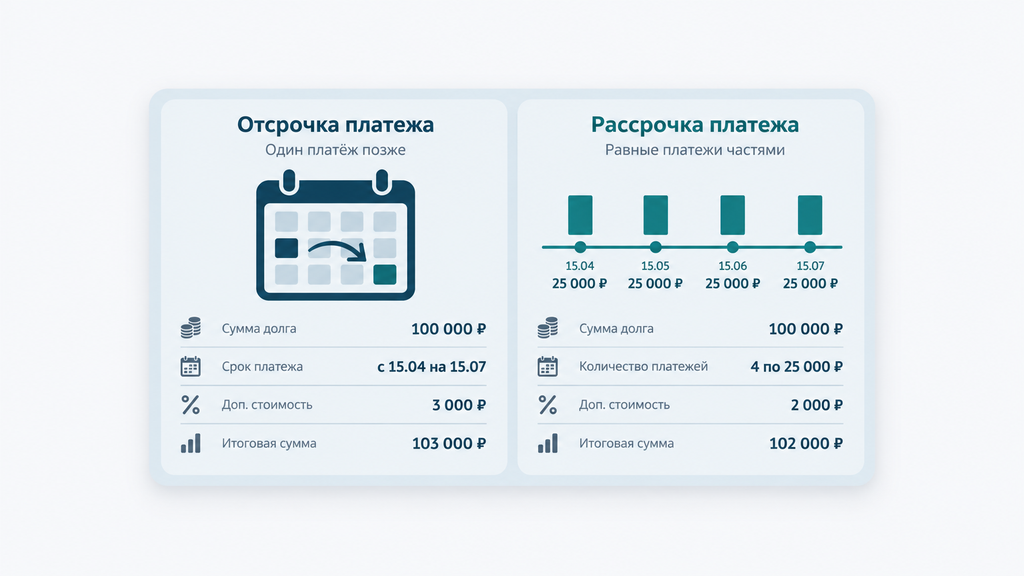 Сравнительная инфографика отсрочки и рассрочки исполнения решения суда: разница в условиях и сроках оплаты долга
