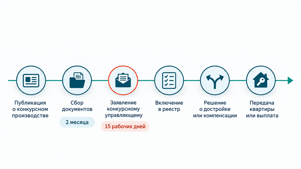 Таймлайн банкротства застройщика: этапы и сроки для дольщиков от введения конкурсного производства до получения квартиры или финансовой компенсации. Ключевой акцент на двухмесячном окне подачи требований в реестр.