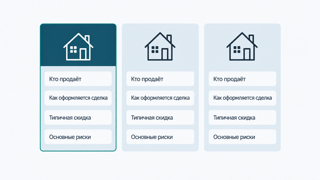 Инфографика сравнения трёх каналов покупки недвижимости со скидкой: банкротные торги, залоговые лоты и торги приставов