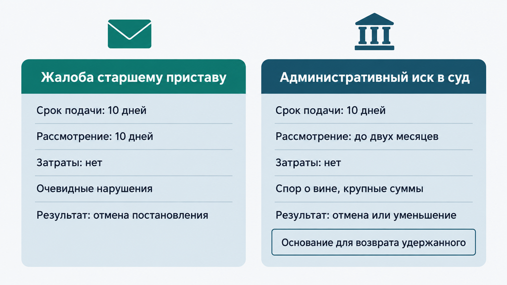 Сравнение способов оспаривания сборов: жалоба старшему судебному приставу и административный иск в суд. Сроки, затраты и результаты.