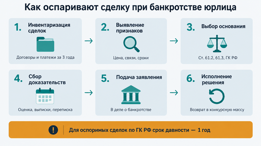 Схема из шести шагов оспаривания сделки при банкротстве юридического лица с пиктограммами, указанием годового срока давности по ГК РФ и контрольными вопросами для каждого этапа