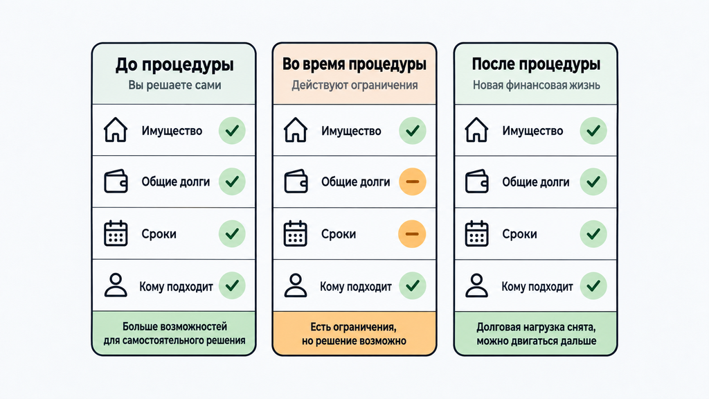 Сравнение трёх сценариев развода и банкротства до, во время и после процедуры: оценка рисков имущества, долгов и сроков по карточкам с цветовой кодировкой для выбора оптимального пути