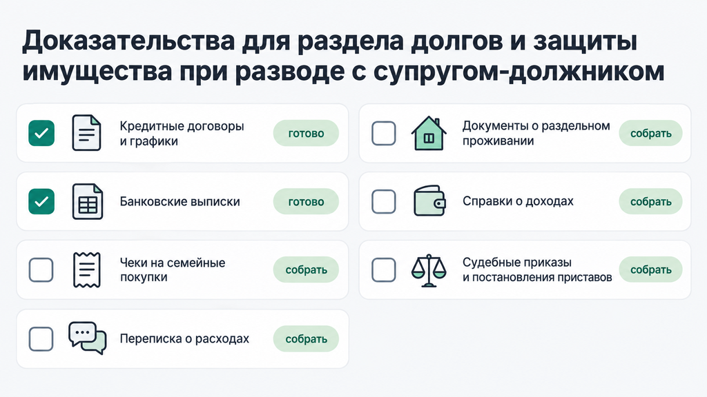 Чек-лист доказательств для раздела долгов и защиты имущества при разводе с супругом-должником
