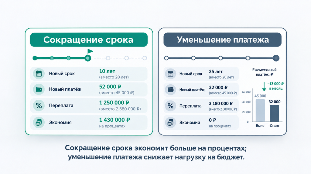 Сравнение сценариев досрочного погашения кредита: сокращение срока и уменьшение ежемесячного платежа. Наглядно показаны новая дата окончания кредита, размер платежа, остаточная переплата и общая экономия. Выгодный вариант выделен цветом.