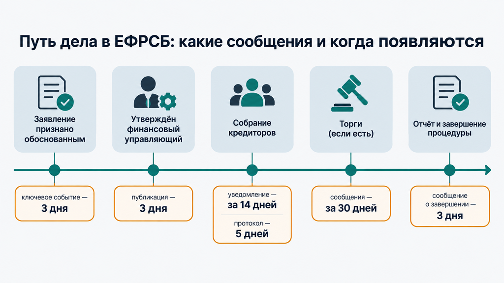 Таймлайн этапов банкротного дела со сроками публикаций в ЕФРСБ: от принятия заявления до завершения процедуры.