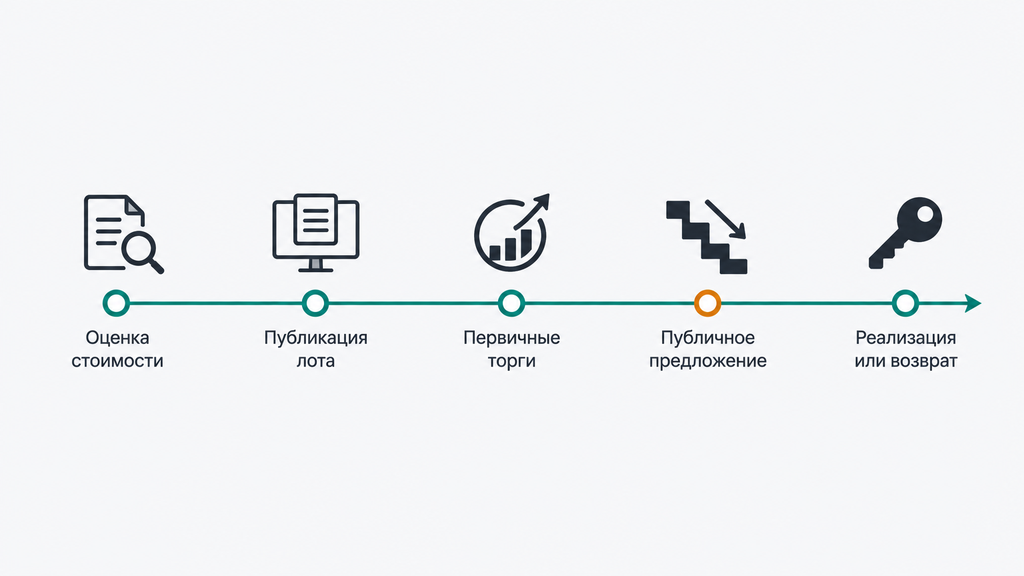 Схема этапов электронных торгов арестованным автомобилем с указанием снижения цены и сроков для должника