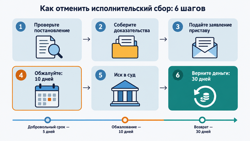 Пошаговая схема отмены исполнительского сбора: 6 этапов действий, ключевые сроки и рекомендации по оформлению документов