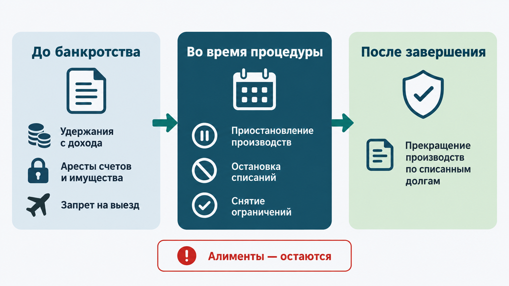 Схема статуса исполнительных производств при банкротстве по этапам: до процедуры, во время и после неё. Показаны аресты имущества, запрет на выезд, приостановление удержаний и сохранение алиментов.