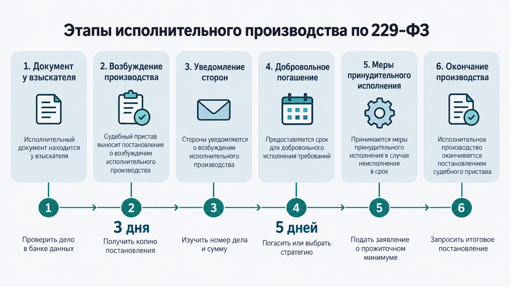 Таймлайн исполнительного производства с шестью этапами, сроками и действиями должника