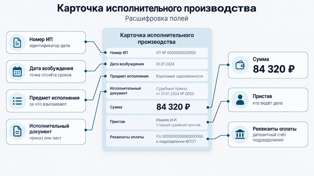 Инфографика с расшифровкой полей карточки исполнительного производства: номер дела, дата, сумма, пристав и реквизиты оплаты для самостоятельного анализа долга