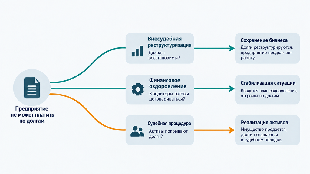 Визуальное дерево решений для бизнеса в кризисе: три вопроса о доходах, кредиторах и активах определяют выбор сценария — внесудебную реструктуризацию, финансовое оздоровление или банкротство