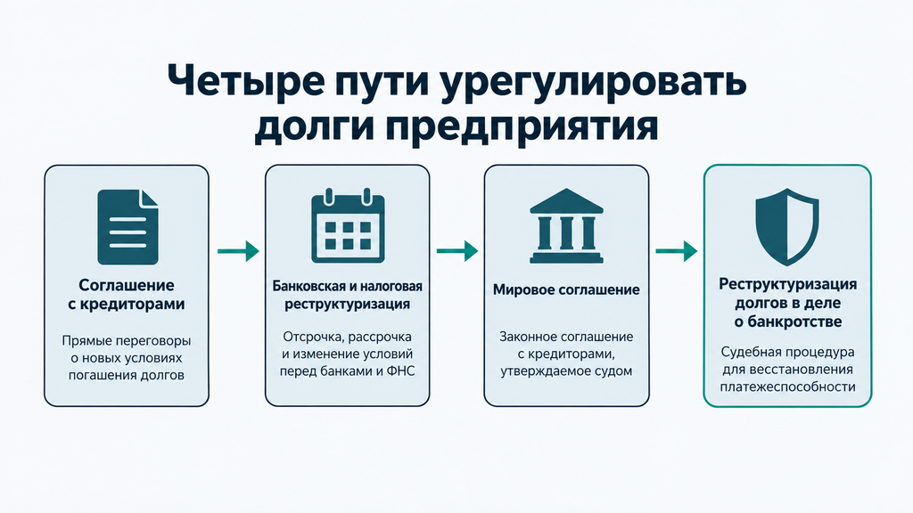 Схема четырёх правовых вариантов реструктуризации долгов предприятия — от переговоров с кредиторами до судебных процедур