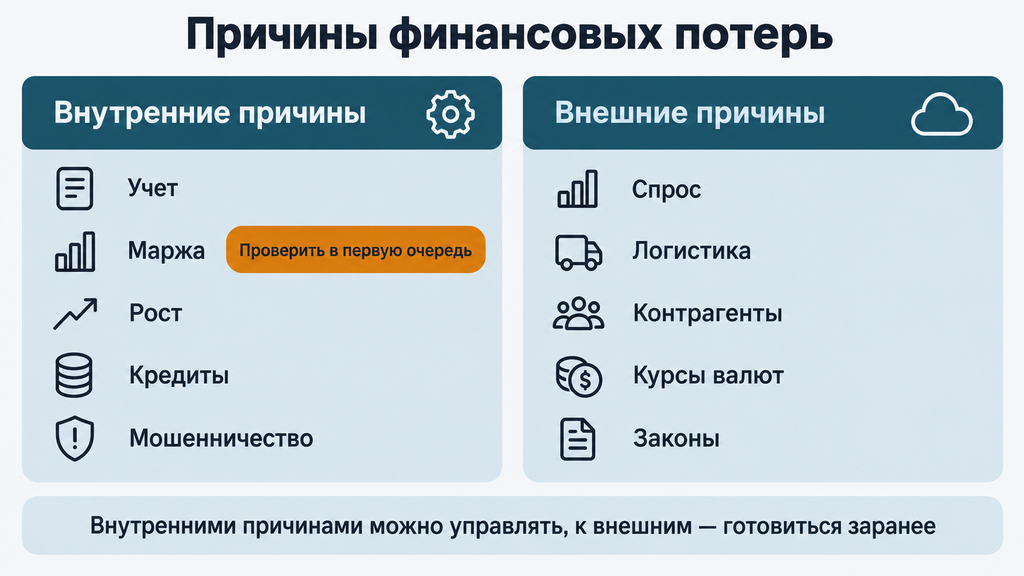Карта причин финансовых потерь предприятия: внутренние и внешние факторы, зоны контроля и приоритеты для проверки