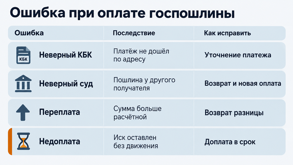 Таблица-выжимка: ошибки оплаты госпошлины, последствия и способы исправления