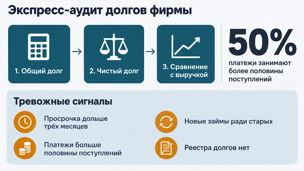 Схема экспресс-аудита долгов фирмы: три шага расчета и шкала тревожных сигналов долговой нагрузки