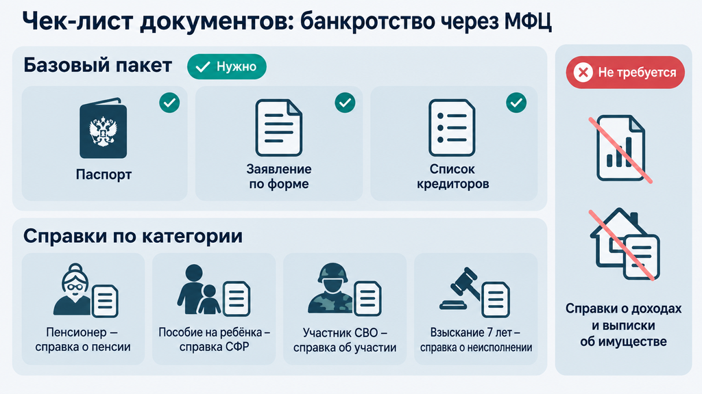 Чек-лист документов для внесудебного банкротства через МФЦ с указанием обязательных и необязательных пунктов для различных категорий граждан