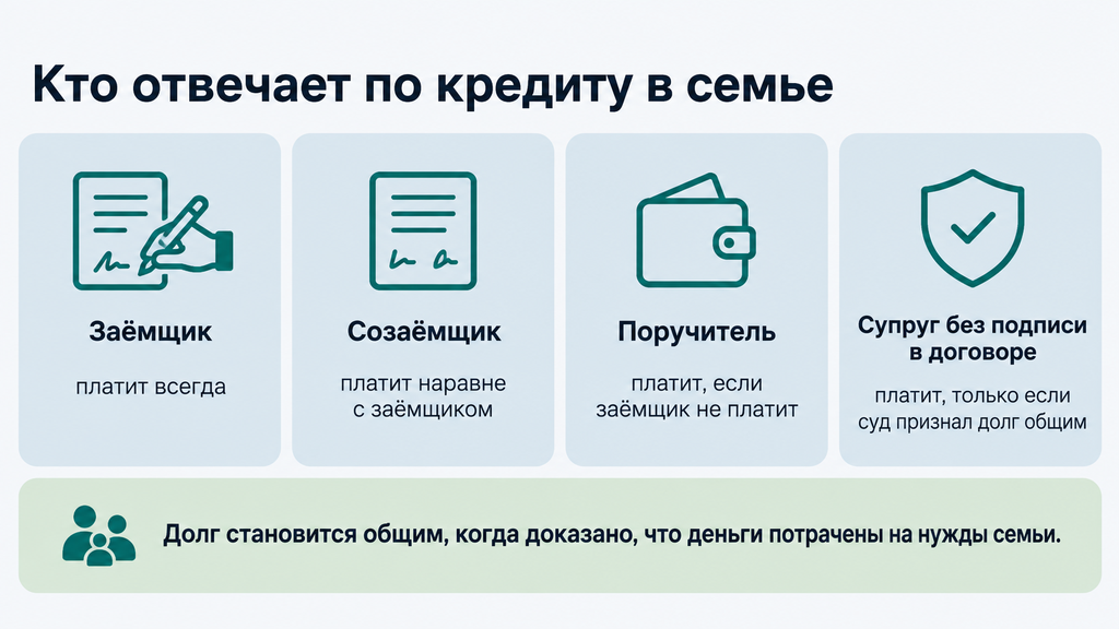 Схема ответственности за семейный кредит: роли заемщика, созаёмщика, поручителя и супруга; условие признания долга общим