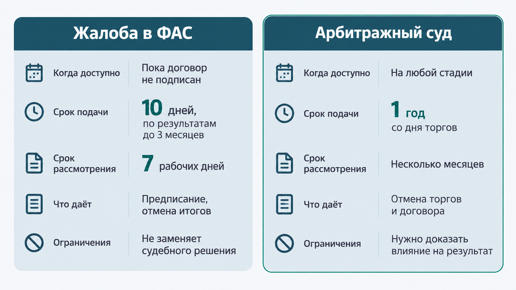 Сравнение способов оспаривания торгов при банкротстве: жалоба в ФАС и обособленный спор в арбитражном суде. Инфографика с критериями выбора по стадии сделки.