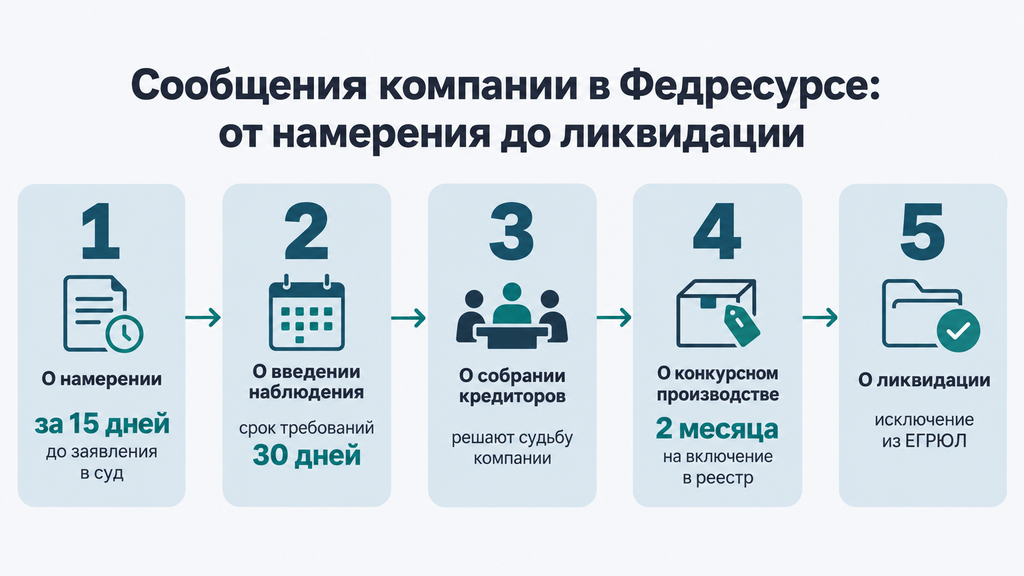 Шкала сообщений компании в Федресурсе: последовательные карточки от намерения до ликвидации с пояснениями и сроками