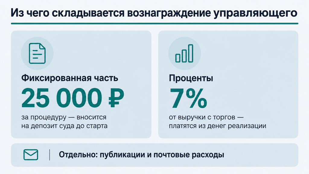 Схема оплаты финансового управляющего: фиксированные 25 000 рублей на депозит суда и 7 процентов от выручки с торгов при банкротстве