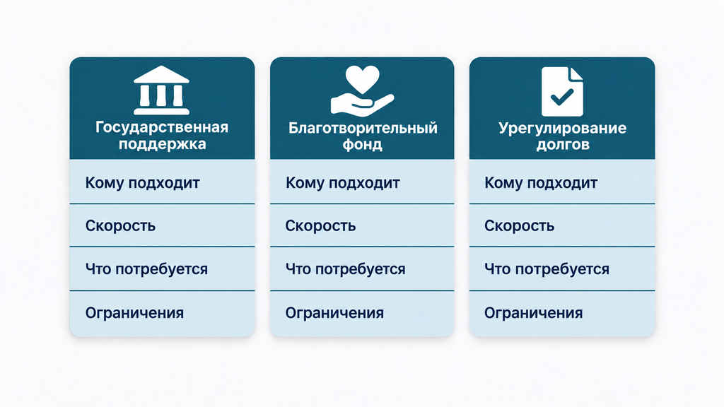Сравнительная инфографика способов получения финансовой помощи: государственная поддержка, благотворительный фонд и урегулирование долгов с указанием целевой аудитории, скорости оформления и требований