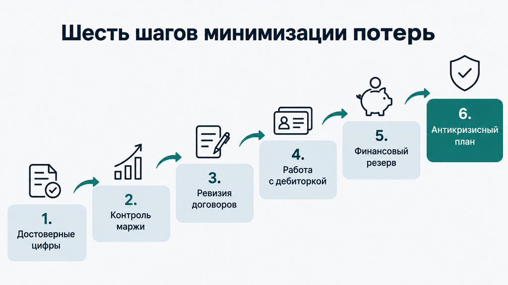 Пошаговая схема минимизации финансовых потерь компании из шести ступеней: маршрут от сбора данных до антикризисного плана и правовой защиты