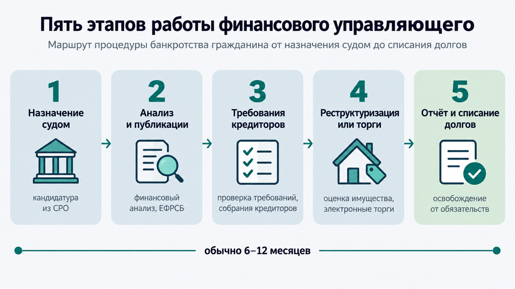 Горизонтальный таймлайн этапов банкротства гражданина финансовым управляющим от назначения суда до списания долгов