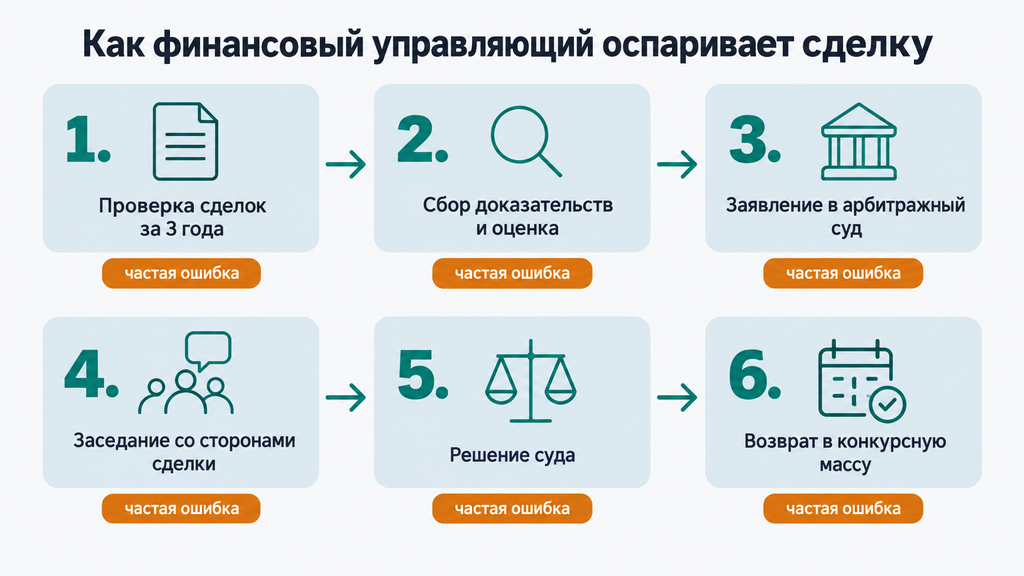 Схема оспаривания сделки финансовым управляющим при банкротстве: пошаговый маршрут от проверки сделок за 3 года до возврата имущества в конкурсную массу с указанием частых ошибок