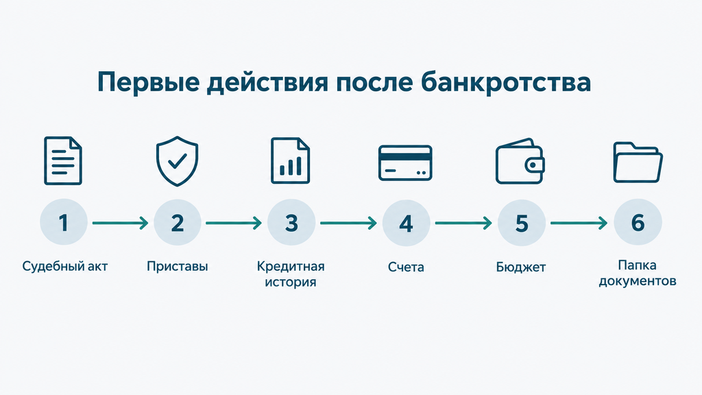 Горизонтальный маршрут из 6 шагов: первые действия после банкротства — судебный акт, приставы, кредитная история, счета, бюджет, документы.