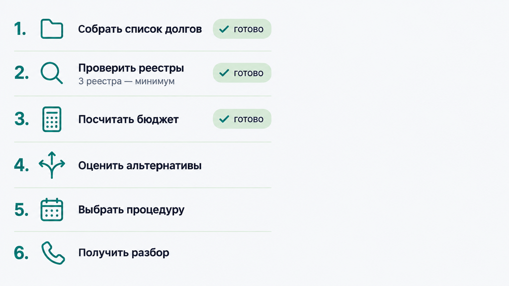 Чек-лист первых шагов должника: вертикальный список пунктов с пиктограммами для проверки долгов до подачи заявления