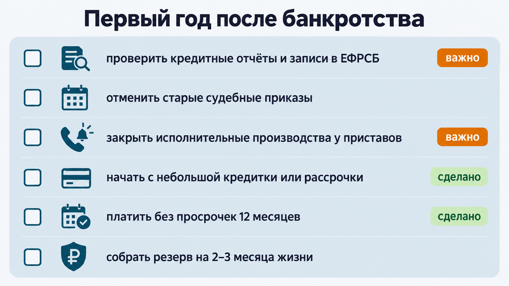Чек-лист первых шагов после банкротства: план восстановления финансовой стабильности и кредитной истории на первый год
