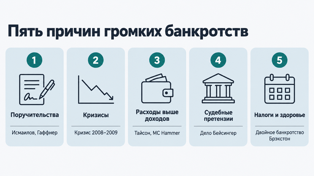Инфографика: пять основных причин банкротства на примере известных дел — поручительства, кризис, перерасход, судебные споры и налоги.