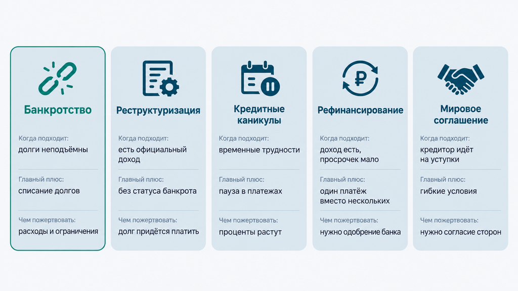 Сравнительная инфографика пяти законных способов урегулирования задолженности: банкротство, реструктуризация, кредитные каникулы, рефинансирование и мировое соглашение с указанием условий применения, преимуществ и недостатков каждого варианта.