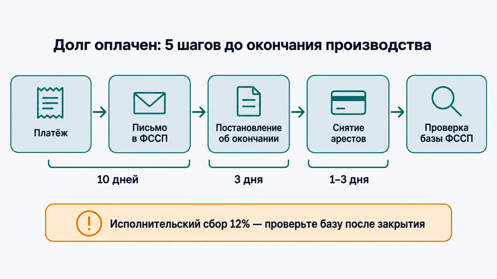 Схема: пять последовательных шагов после оплаты долга до полного окончания исполнительного производства в ФССП, включая сроки выполнения каждого этапа и снятие арестов