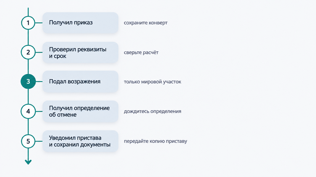 Вертикальная схема пяти шагов должника для отмены судебного приказа с маршрутом и подсказками