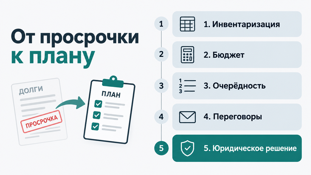 Пятиступенчатая схема погашения долгов с пиктограммами этапов от инвентаризации до юридического решения