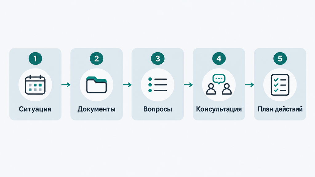 Горизонтальная схема из пяти этапов подготовки к юридической консультации: ситуация, документы, вопросы, консультация, план действий