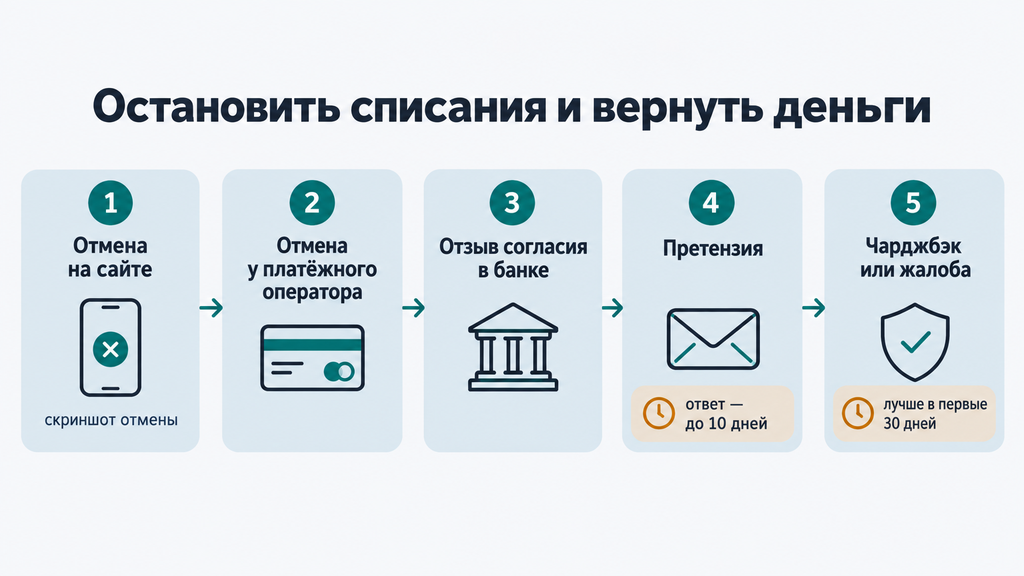 Пошаговая схема из пяти этапов для остановки автоплатежей CloudPayments и возврата денег на карту