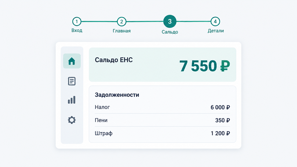 Личный кабинет налогоплательщика ФНС на главной странице: сальдо ЕНС и блок задолженностей с расшифровкой по налогам, пеням и штрафам