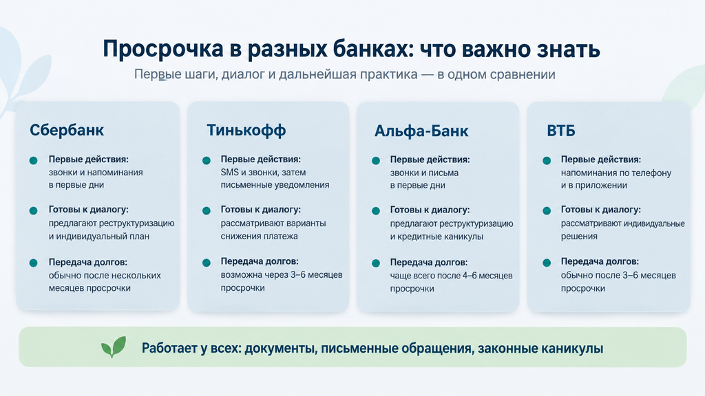 Сравнение подходов четырех банков к работе с просрочкой: карточки с фактами о диалоге и коллекторах, а также общие процедуры для заемщика